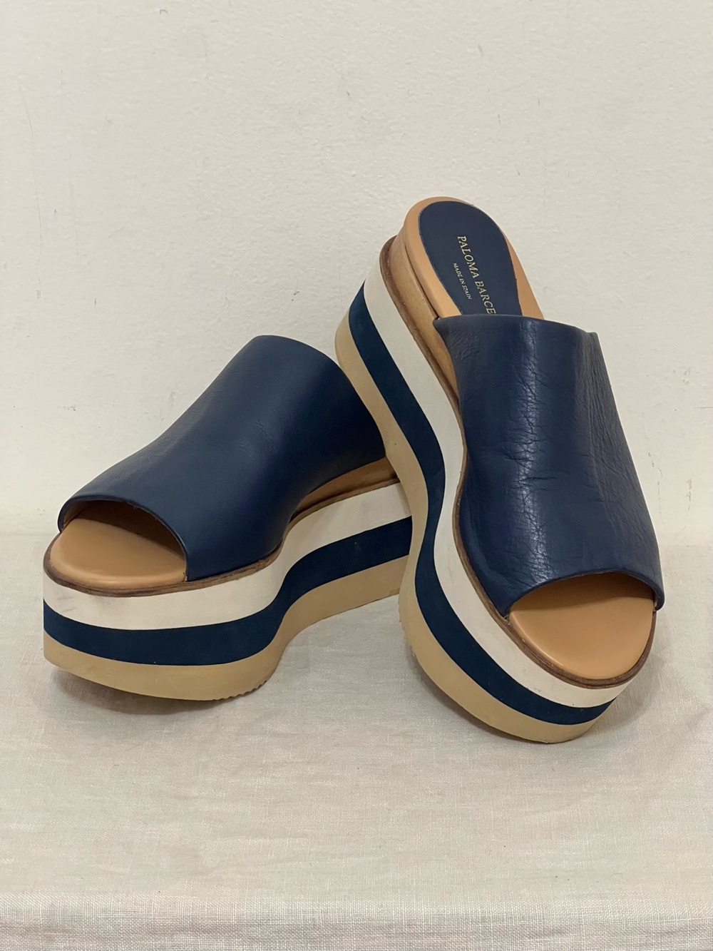 Paloma Barcelo Navy and Tan Striped Platform Slide Sandals - Picture 2 of 12